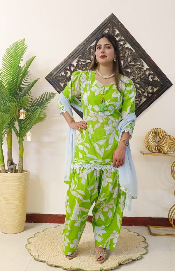Floral Lawn Green Cotton Farshi Salwar Dress - Image 2