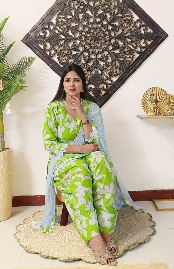 Floral Lawn Green Cotton Farshi Salwar Dress - Image 6