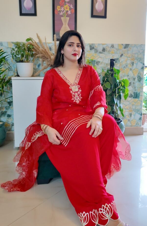 Red Organza Handwork Farshi Salwar - Image 6