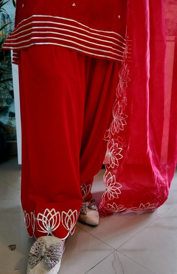 Red Organza Handwork Farshi Salwar - Image 5