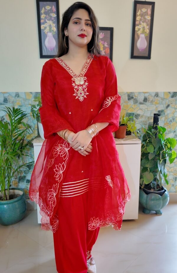 Red Organza Handwork Farshi Salwar - Image 2