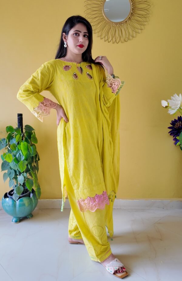 Bright Yellow Embroidered Mulmul Cotton 3-Piece Suit - Image 2