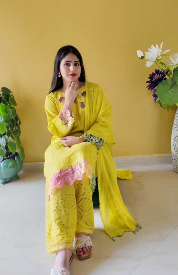 Bright Yellow Embroidered Mulmul Cotton 3-Piece Suit - Image 3