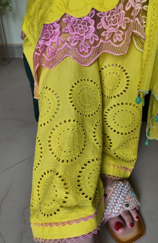 Bright Yellow Embroidered Mulmul Cotton 3-Piece Suit - Image 4
