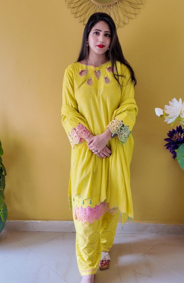 Bright Yellow Embroidered Mulmul Cotton 3-Piece Suit - Image 5