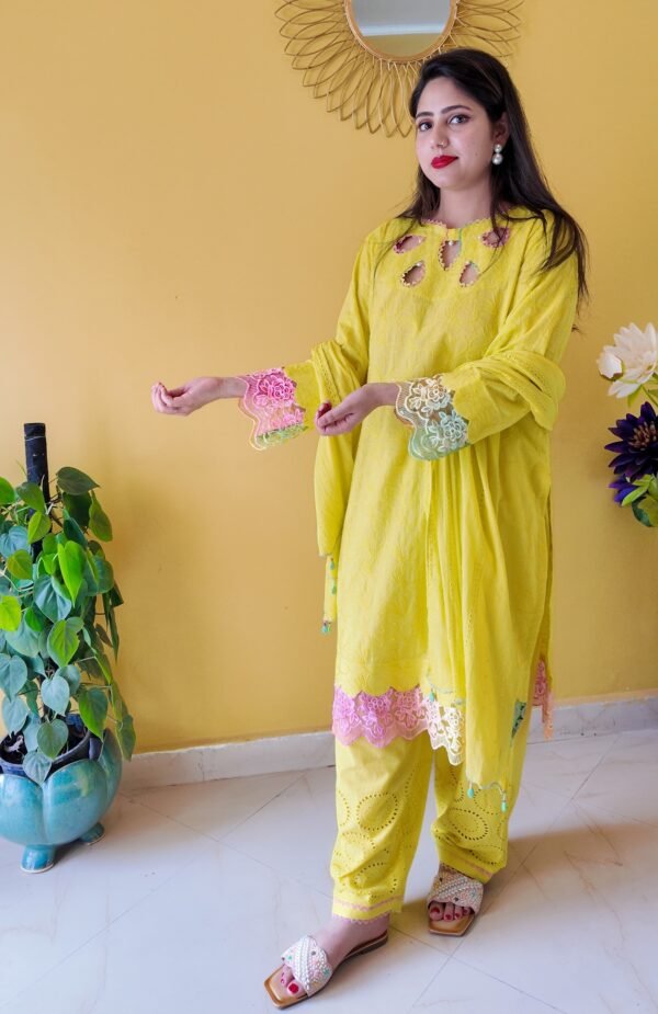 Bright Yellow Embroidered Mulmul Cotton 3-Piece Suit - Image 6