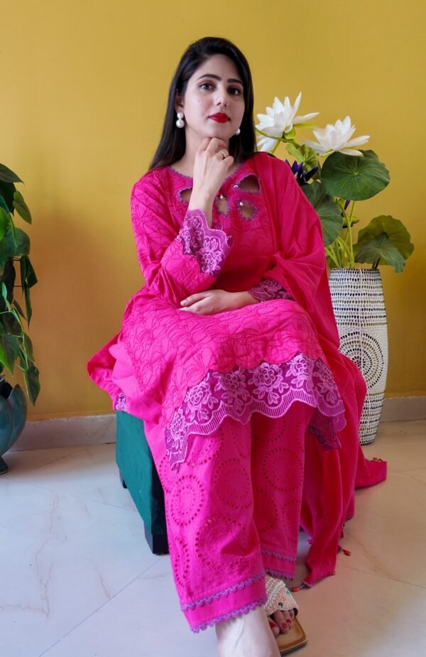Hot Pink Embroidered Mulmul Cotton 3-Piece Suit - Image 3