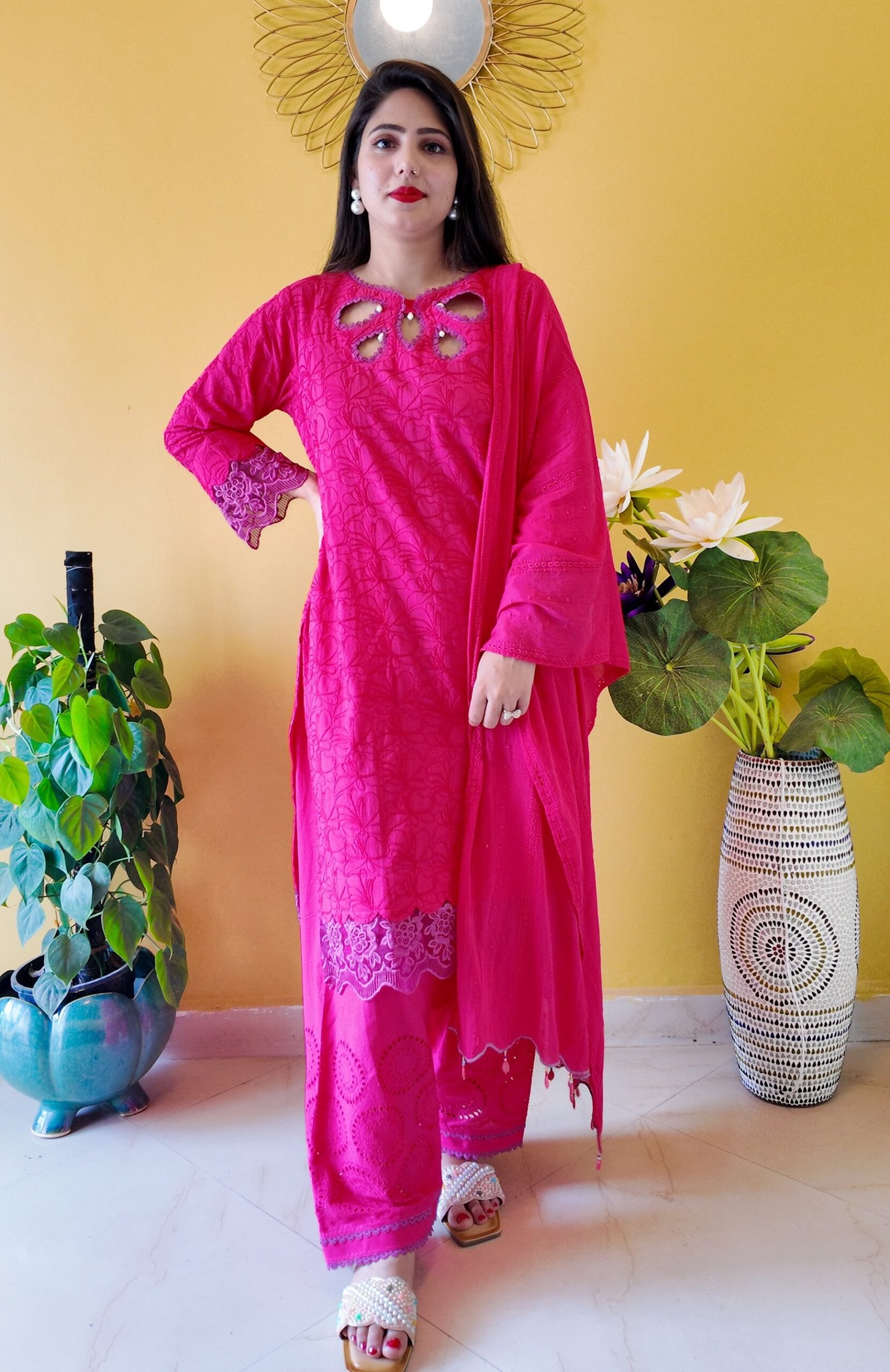 Hot Pink Embroidered Mulmul Cotton 3-Piece Suit