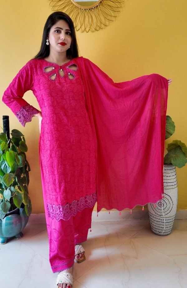 Hot Pink Embroidered Mulmul Cotton 3-Piece Suit - Image 2