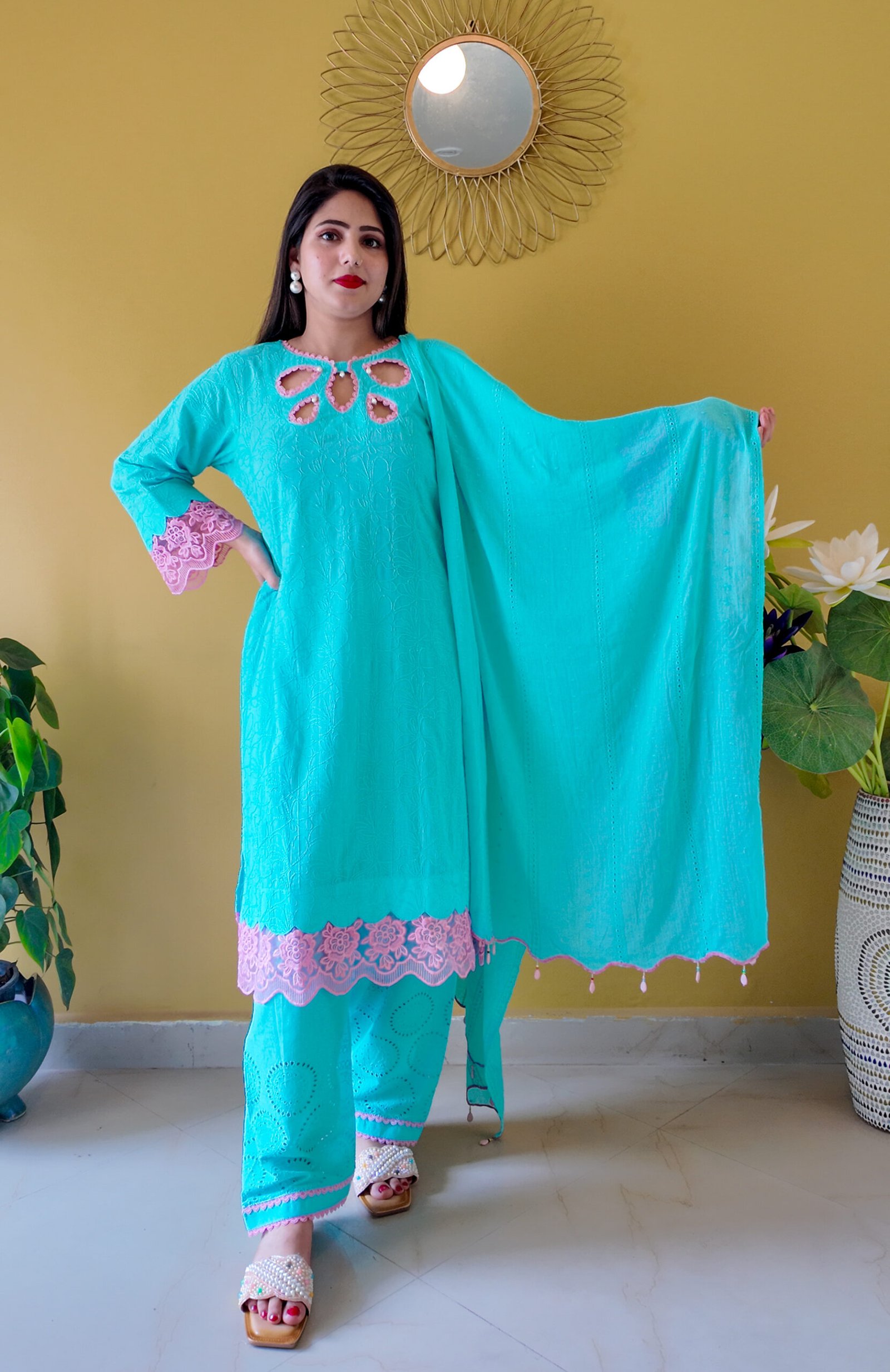 Aqua Blue Embroidered Mulmul Cotton 3-Piece Suit