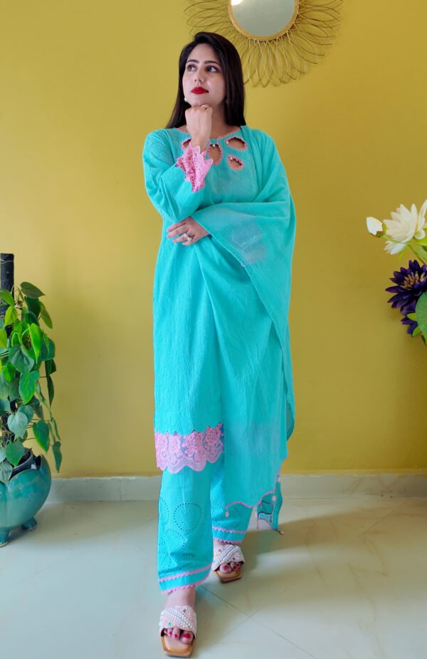 Aqua Blue Embroidered Mulmul Cotton 3-Piece Suit - Image 2