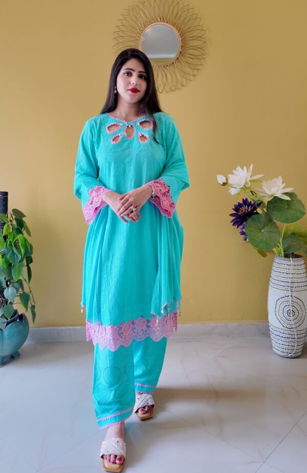 Aqua Blue Embroidered Mulmul Cotton 3-Piece Suit - Image 6