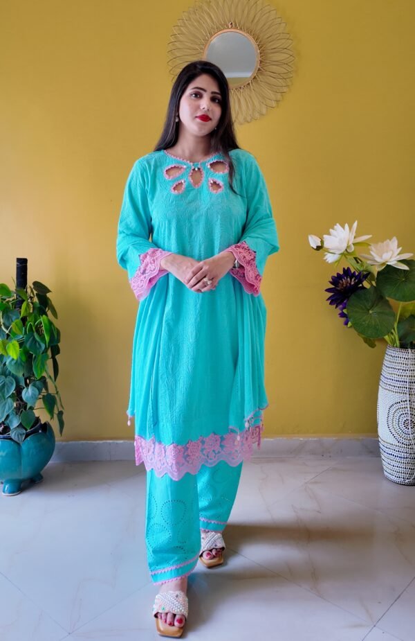 Aqua Blue Embroidered Mulmul Cotton 3-Piece Suit - Image 3