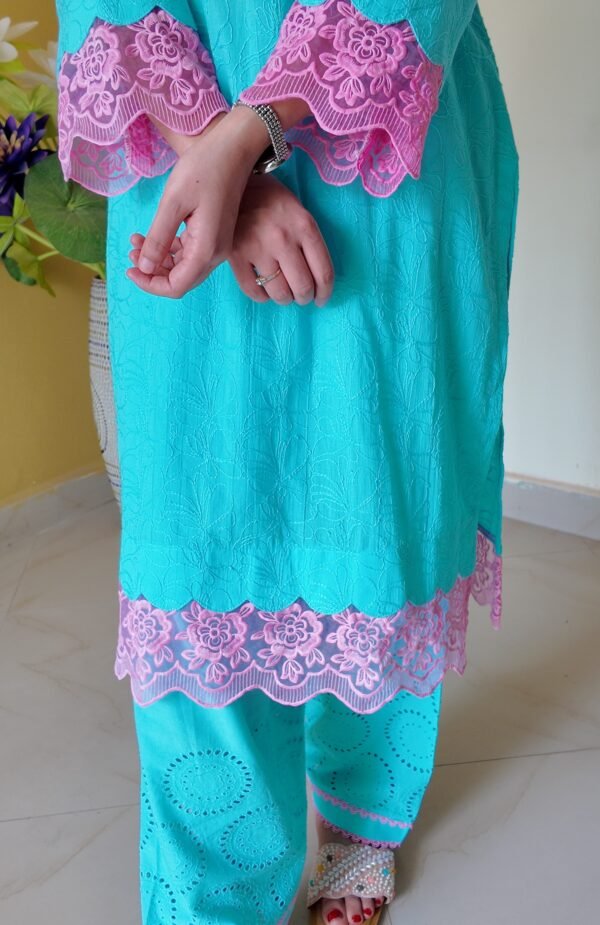 Aqua Blue Embroidered Mulmul Cotton 3-Piece Suit - Image 5