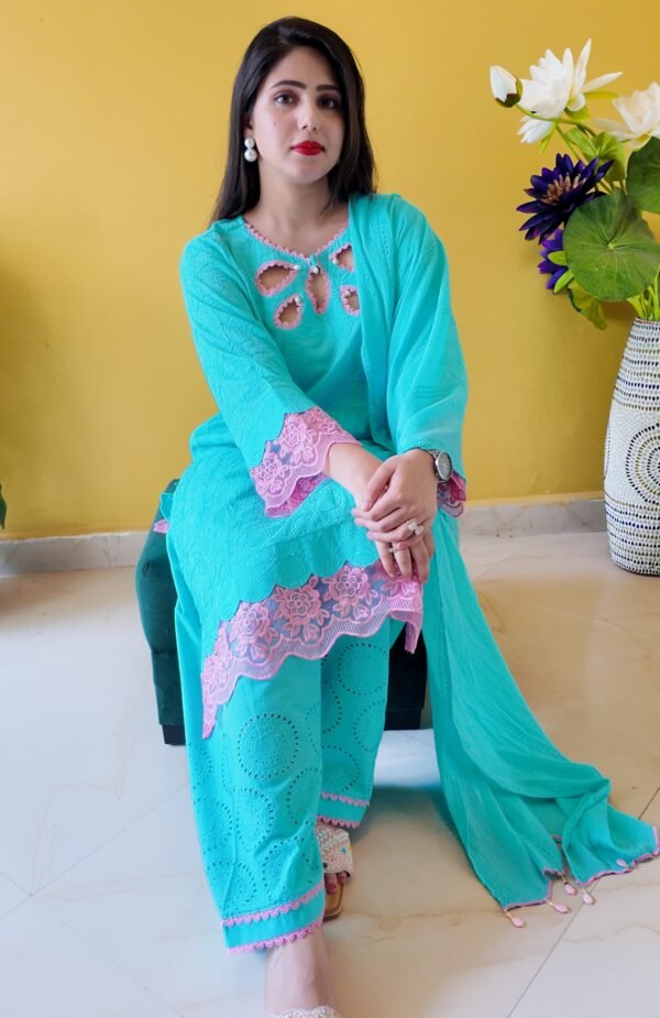 Aqua Blue Embroidered Mulmul Cotton 3-Piece Suit - Image 4