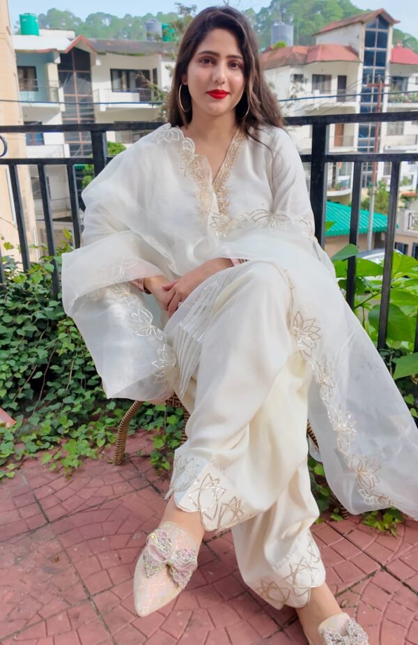 Ivory Organza Handwork Farshi Salwar - Image 4
