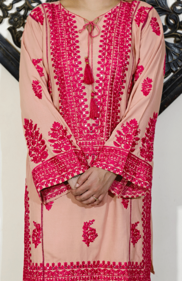 Peach & Pink Embroidered Embroidered Pakistani Co-ord Set - Image 4