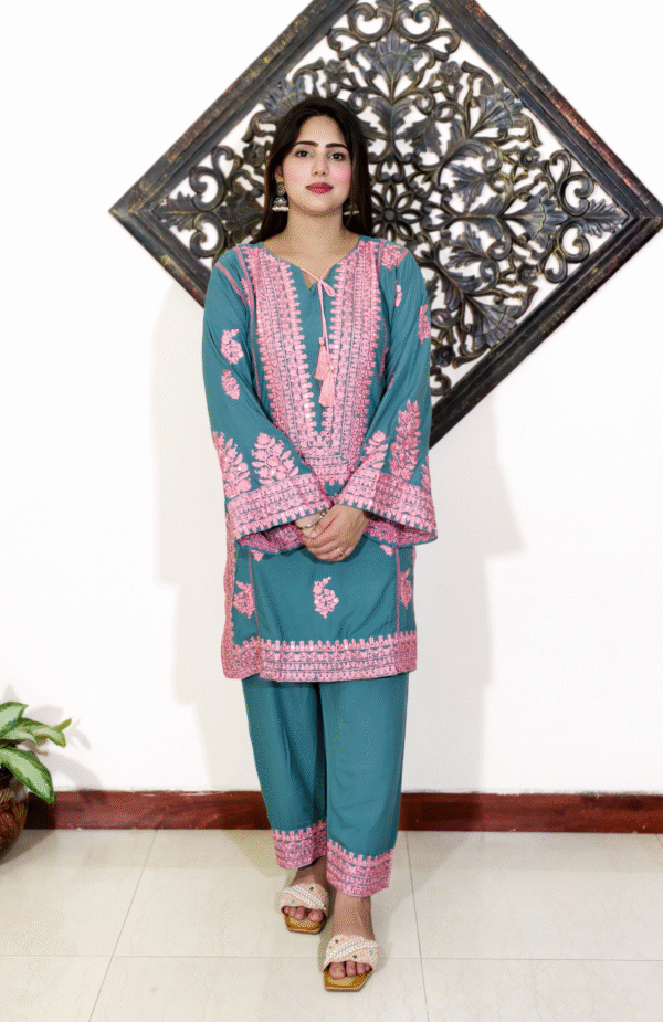 Teal & Pink Embroidered Embroidered Pakistani Co-ord Set - Image 2