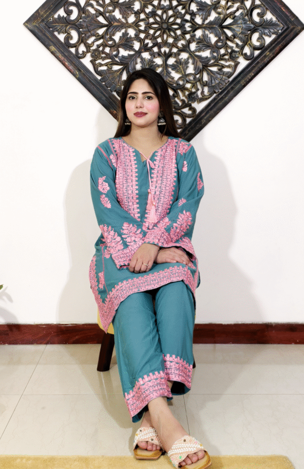 Teal & Pink Embroidered Embroidered Pakistani Co-ord Set - Image 5