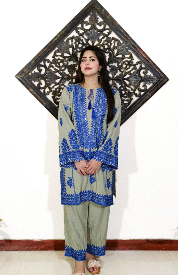 Sage Green & Royal Blue Embroidered Embroidered Pakistani Co-ord Set - Image 2