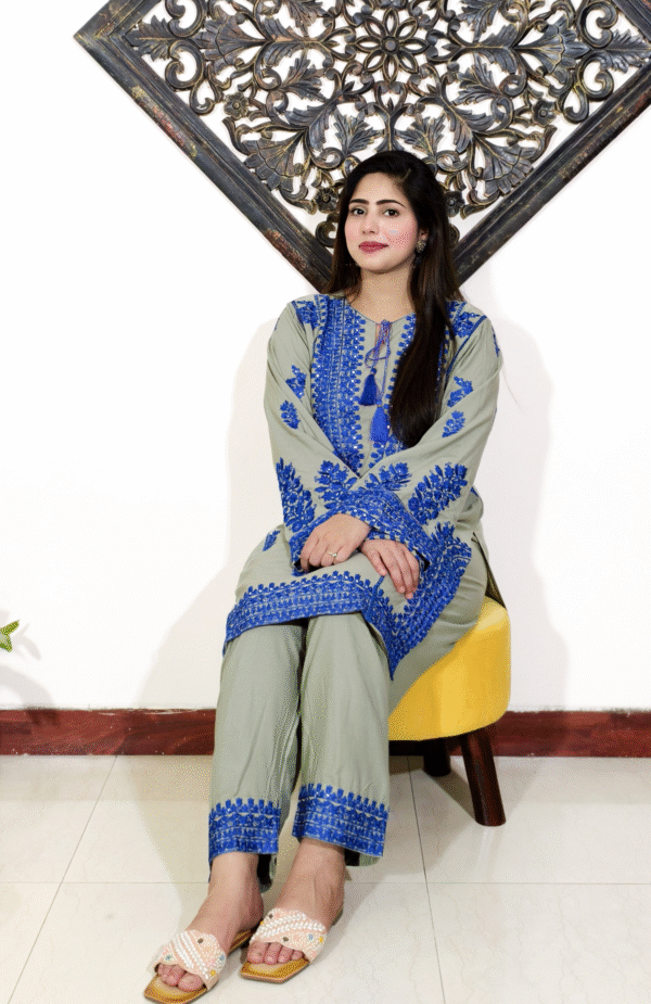 Sage Green & Royal Blue Embroidered Embroidered Pakistani Co-ord Set - Image 4